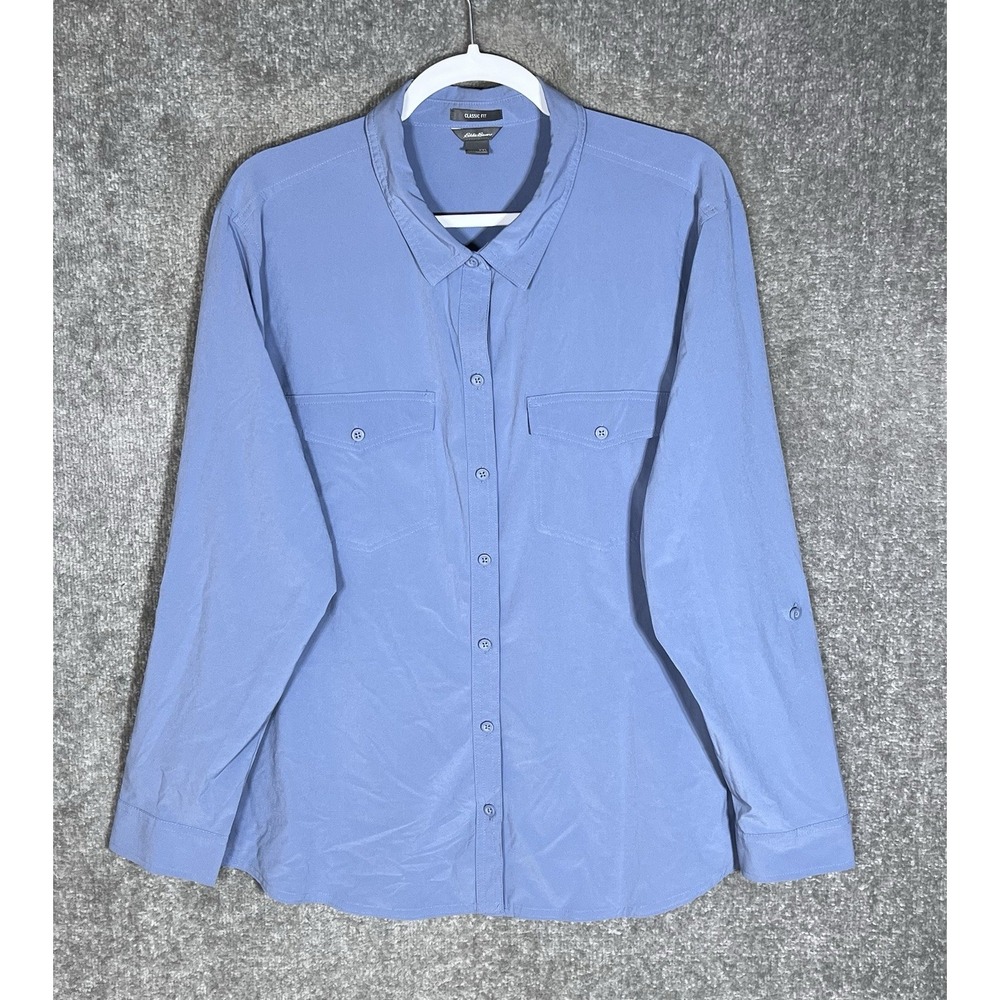 Eddie Bauer Departure Shirt Womens Size XXL Blue Classic Fit Stretch Roll Tab